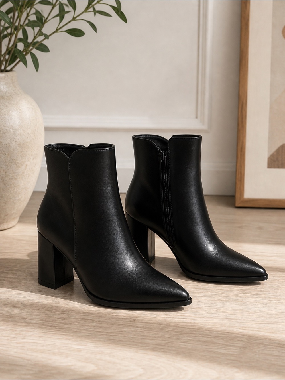Black Almond Toe Block Heel Ankle Boots | Sleek Zip Booties